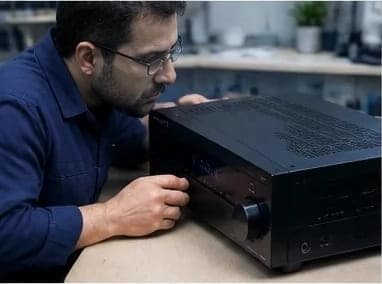 تعمیر پروتکت سینمای خانگی سونی و پاناسونیک (رفع ارور Protect و F61) تکنسین در حال بررسی و عیبیابی سینمای خانگی